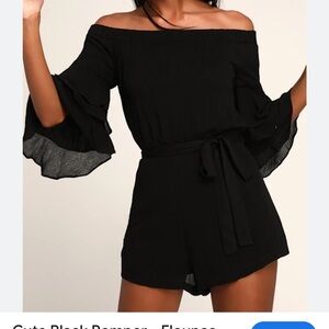 New Lulu's Black Off-Shoulder Romper with Flounce Sleeves